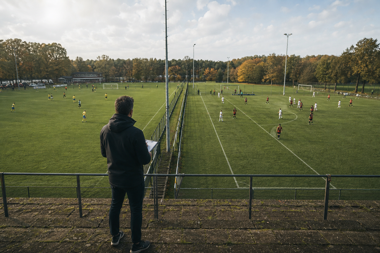 Scout bekijkt wedstrijden op meerdere amateurvelden vanaf de zijlijn