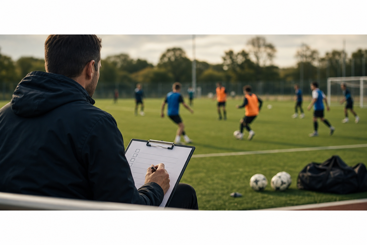 Scout met klembord beoordeelt spelers op een groen trainingveld