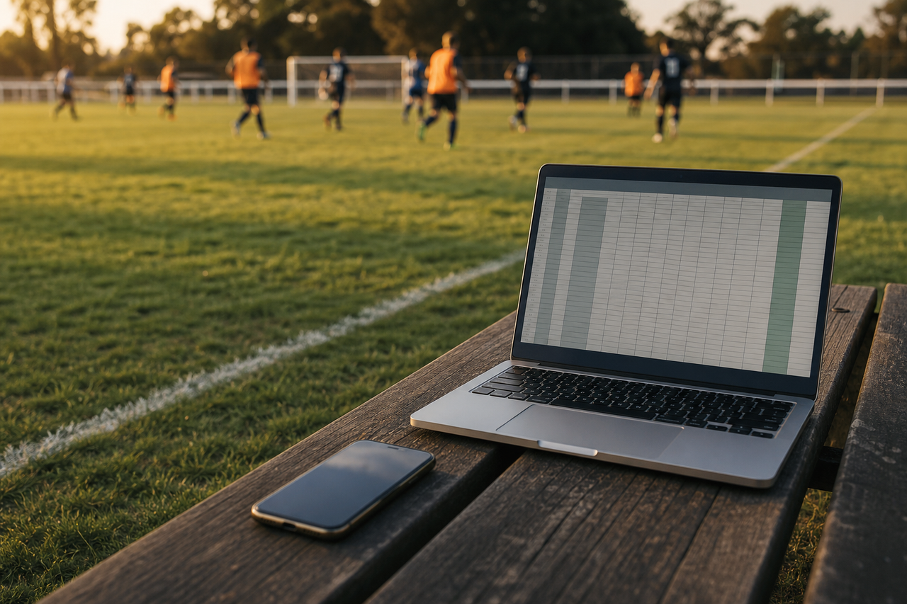 Smartphone en laptop met spreadsheet langs de lijn van een amateurvoetbalveld