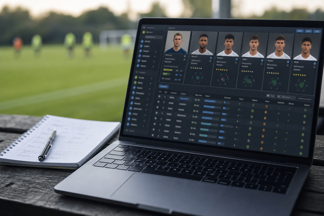 Digitaal spelersoverzicht op tablet naast een amateurvoetbalveld