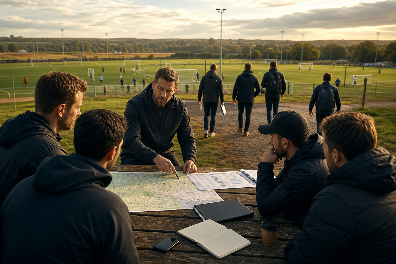 Scoutingkalender en wedstrijdplanning op een klembord bij het veld