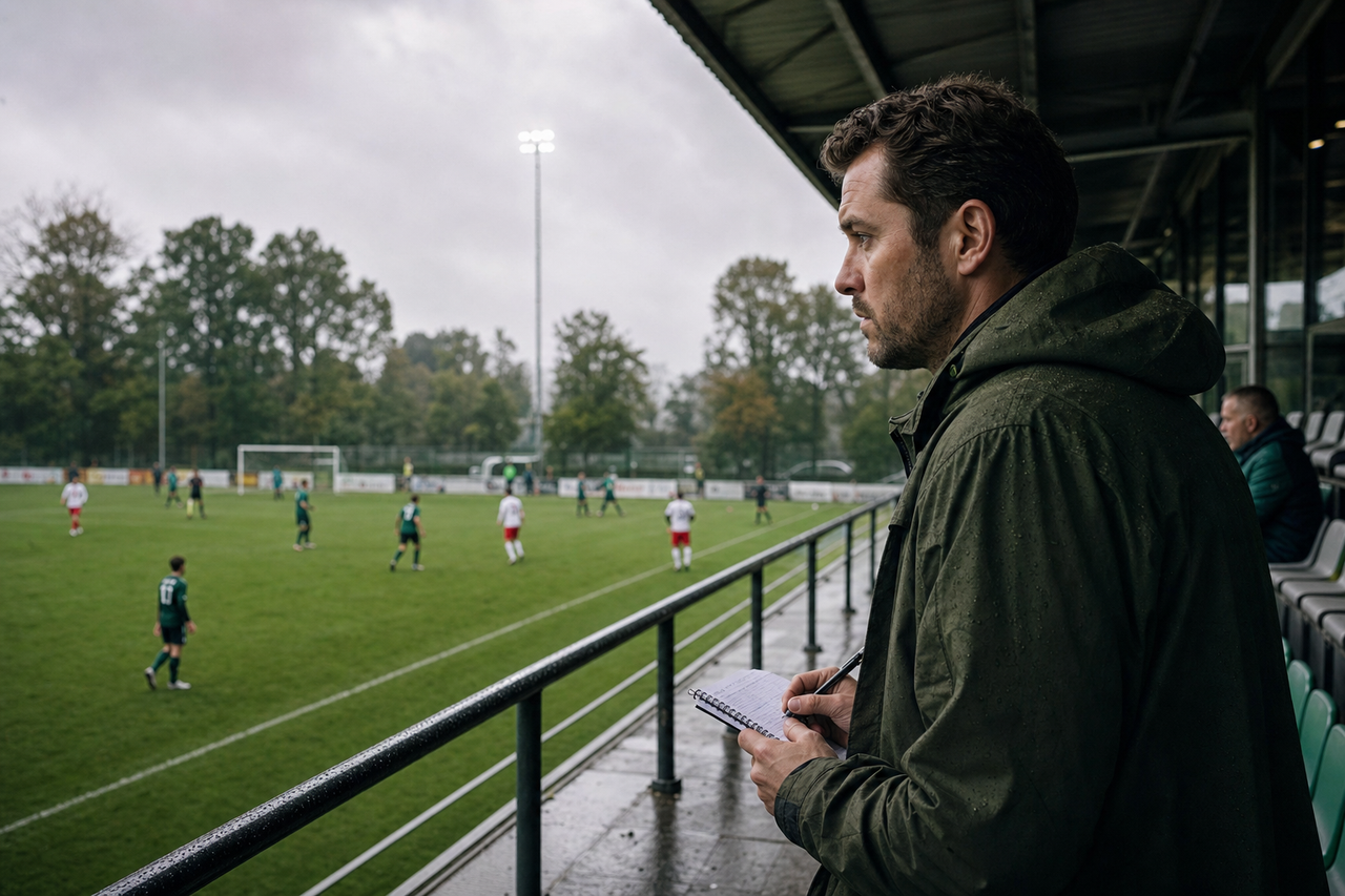 Amateurvoetballers op een groen veld bij zonsondergang op de ScoutPlatform homepage