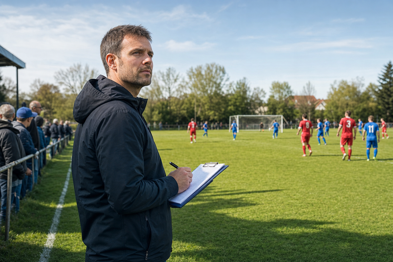 Amateurteam in clubkleuren op het veld als header op de tarievenpagina van ScoutPlatform
