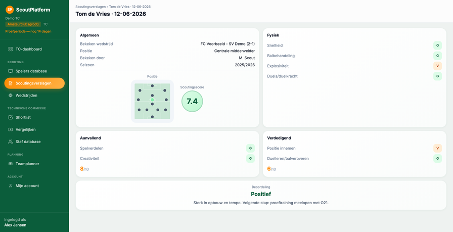 Voorbeeld scoutingsverslag met O/M/V/G criteria en advies in ScoutPlatform