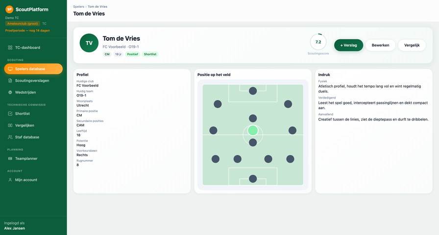 Voorbeeld spelersprofiel met hero, score, veldpositie en indruk in ScoutPlatform
