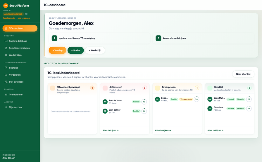 TC-dashboard in ScoutPlatform met welkomstbanner, actie-items en TC-besluitdashboard na eerste login