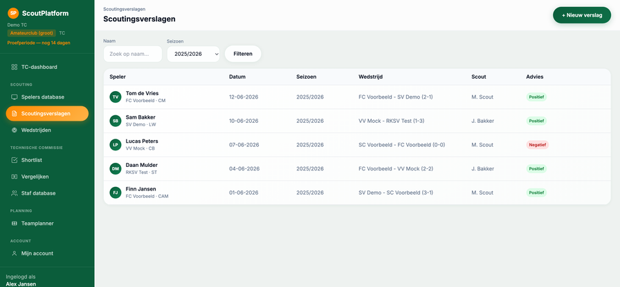 Voorbeeld overzicht van scoutingsverslagen met seizoensfilter in ScoutPlatform