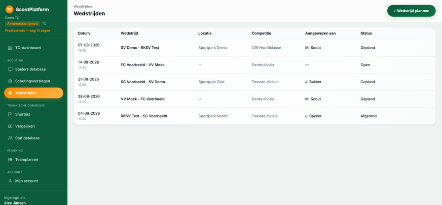 Voorbeeld wedstrijdplanning met scouttoewijzing in ScoutPlatform
